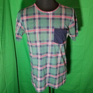 Modern Amusement Men Medium Green Plaid Tee Front Pocket Y2K Vintage T-Shirt